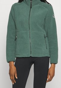 Giacca in pile verde con zip frontale, colletto alto, due tasche con zip e tessuto esterno testurizzato. Presenta una vestibilità rilassata e dettagli metallici a contrasto.