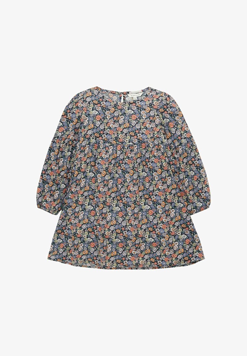 Robe à manches longues, coupe ample, motif floral multicolore sur fond sombre et encolure ronde avec fermeture par bouton au dos.