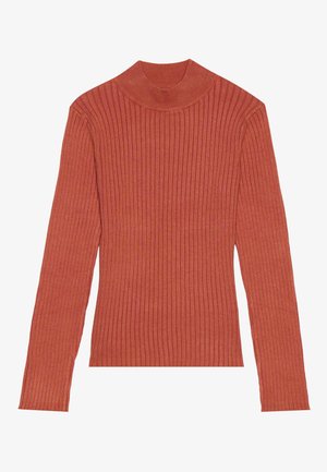Ribbed turtleneck top in rust color, featuring long sleeves and a close-fitting design, made from soft stretch material.