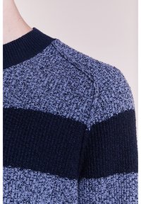 Stickad tröja med marinblå och ljusblå ränder, texturerat tyg, ribbad krage och detaljerad sömdesign på axlarna.