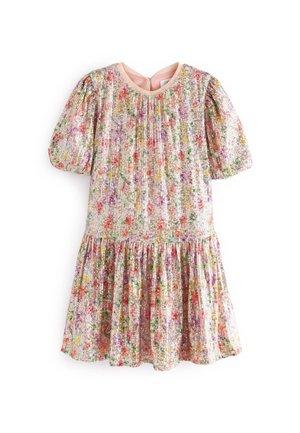Multifarvet blomsterkjole med korte pufærmer, plissert tekstur og en samlet nederdel. Har rund halsudskæring og lynlås bagpå.