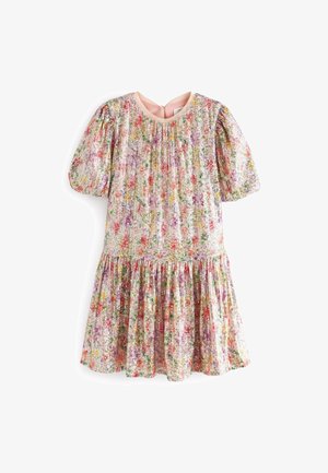 Robe fleurie multicolore avec manches courtes bouffantes, texture plissée et jupe froncée. Dotée d'un col rond et d'une fermeture éclair au dos.