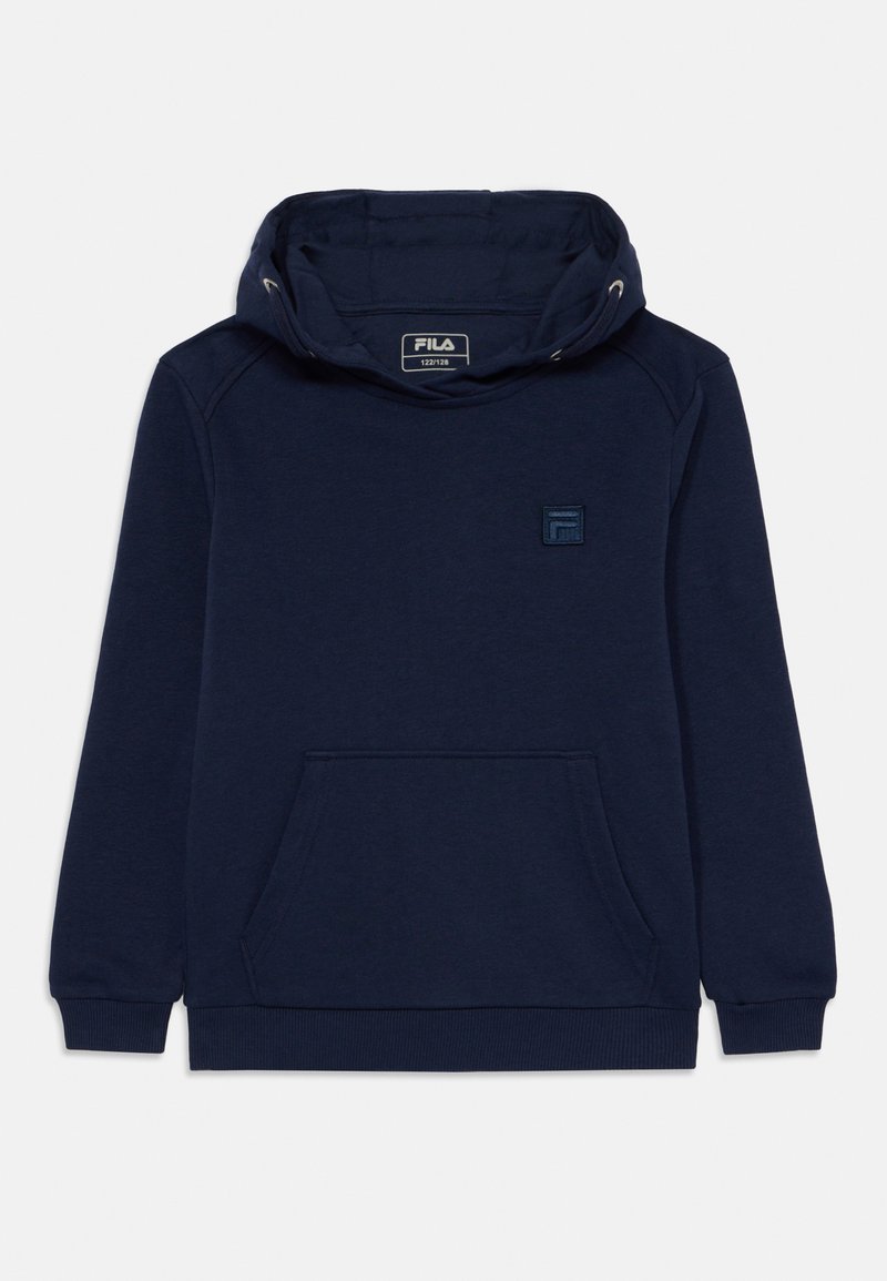 Μπλε φούτερ με κουκούλα και κορδόνι, μπροστινή τσέπη και μικρή ετικέτα λογότυπου στο στήθος. Μαλακή υφή και χαλαρή εφαρμογή.