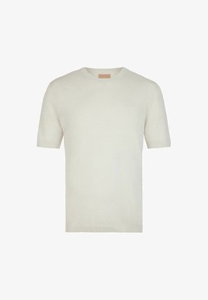 Kurzärmeliger, cremefarbener Strickpullover mit Rundhalsausschnitt und gerippten Bündchen und Saum, auf weißem Hintergrund dargestellt.
