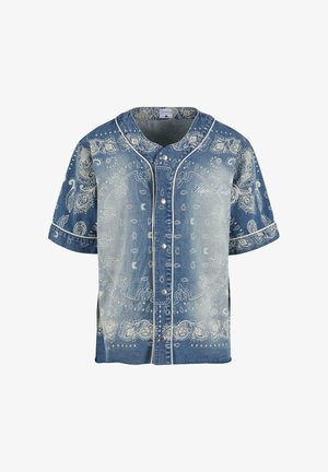 Denim short-sleeve shirt, light blue with white paisley pattern and button closure, features a classic collar and contrasting trim details.