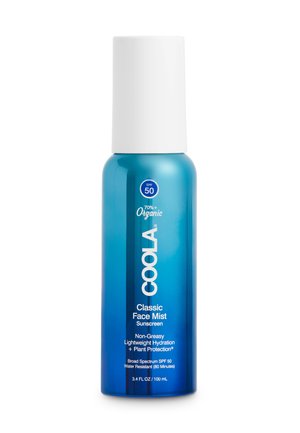 Coola Classic Face Mist Sunscreen in a blue gradient bottle with white cap. 3.4 fl oz, SPF 50, non-greasy, lightweight hydration.