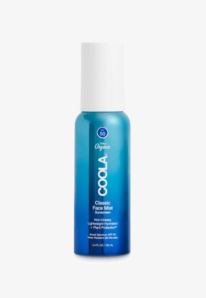 Coola Classic Gesichtsspray Sonnencreme in einer blau verlaufenden Flasche mit weißem Deckel. 100 ml, SPF 50, nicht fettend, leichte Feuchtigkeitspflege.