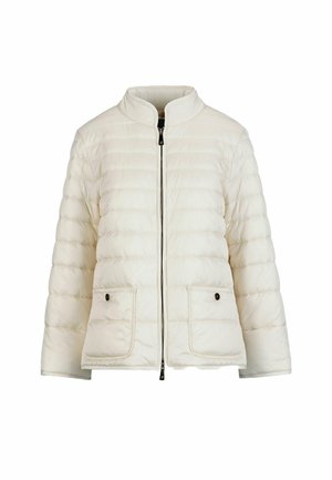 White quilted jacket with stand collar, front zipper, and two buttoned flap pockets.
