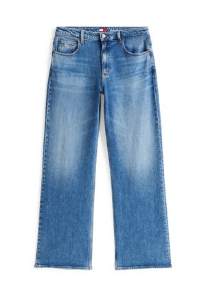Blaue Jeans mit geradem Bein, klassischem Fünf-Taschen-Design und sichtbaren Verblassungen an den Oberschenkeln, flach auf weißem Hintergrund liegend.