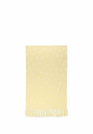 Écharpe jaune clair avec un motif floral subtil et des franges le long d’un bord, présentée à plat sur un fond blanc.