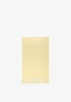 Écharpe jaune clair avec un motif floral subtil et des franges le long d’un bord, présentée à plat sur un fond blanc.