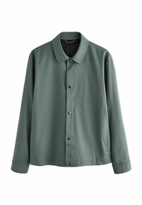 Chaqueta de color verde oscuro hecha de una tela texturizada, con un cuello, botones a presión y bolsillos laterales. Diseño ligero y casual.