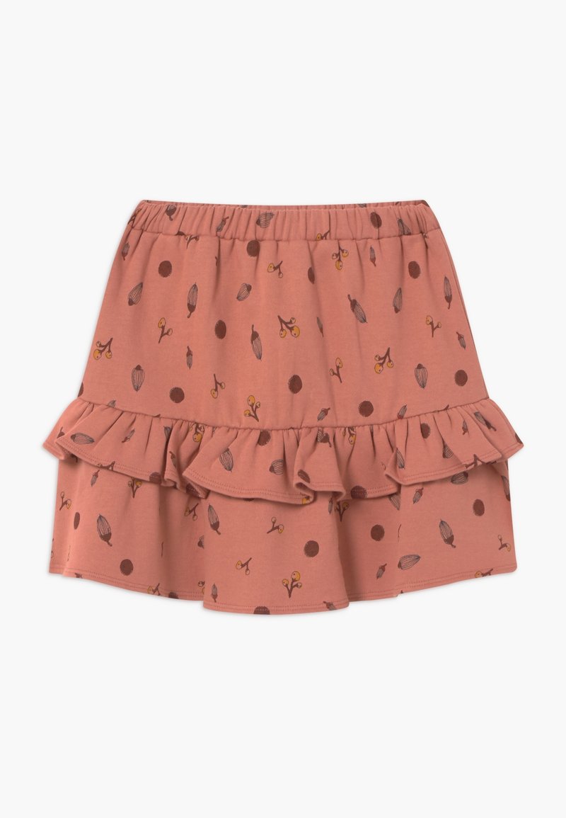 Perzikkleurige gerimpelde rok met een elastische tailleband, voorzien van botanische prints en stippen in tinten van bruin en geel.