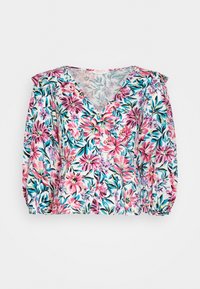Blusa floral em tecido leve com decote em V, mangas balão e padrões florais em rosa, azul e verde sobre um fundo branco.