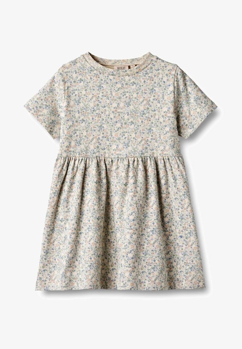 Robe bébé à manches courtes avec taille froncée et motif floral doux dans des tons verts, bleus et beiges atténués sur tissu clair.