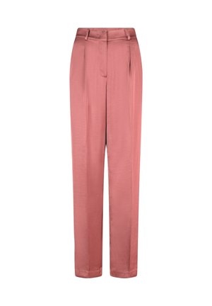 Roze op maat gemaakte broek van gladde stof. Heeft een rechte pijpvorm, voorkantplooien en een nette tailleband.