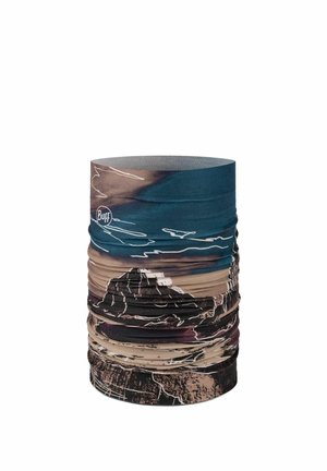 Multicolored Buff neck gaiter with abstract mountain and sky design in blue, beige, black, and brown tones.