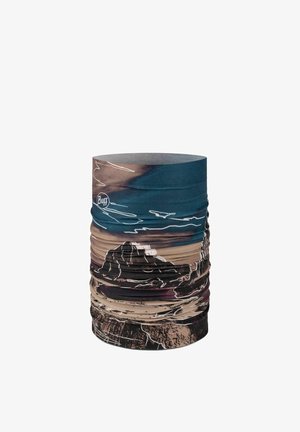 Mehrfarbiger Buff-Halswärmer mit abstraktem Berg- und Himmelsdesign in Blau-, Beige-, Schwarz- und Brauntönen.