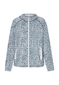 Vindjacka i mörkblått med vitt leopardmönster, framknäppning med dragkedja och sidofickor med vita dragkedjor. Lättviktsmaterial, mjuk textur.