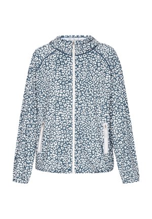 Kurtka typu windbreaker w ciemnoniebieskim kolorze z białym wzorem w panterę, z przodu na zamek błyskawiczny, z bocznymi kieszeniami i białymi suwakami. Lekka, gładka w dotyku.
