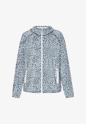 Kurtka typu windbreaker w ciemnoniebieskim kolorze z białym wzorem w panterę, z przodu na zamek błyskawiczny, z bocznymi kieszeniami i białymi suwakami. Lekka, gładka w dotyku.