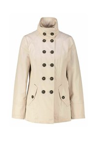 Beige jacket with a high collar, double-breasted design, six black buttons, and two front pockets. Smooth texture, long sleeves.