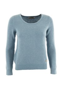 Maglione azzurro chiaro a maniche lunghe realizzato in un tessuto morbido. Presenta un collo a barchetta e una piccola accentuazione del logo sul lato sinistro in basso.