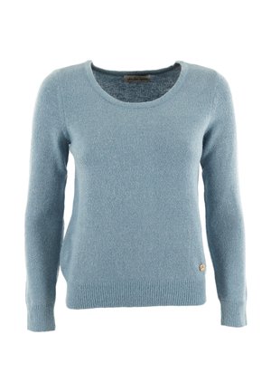 Maglione azzurro chiaro a maniche lunghe realizzato in un tessuto morbido. Presenta un collo a barchetta e una piccola accentuazione del logo sul lato sinistro in basso.