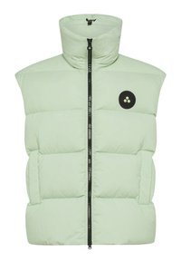 Hellgrüne Steppweste mit hohem Kragen, Reißverschluss vorne und schwarzem, rundem Logo. Verfügt über gesteppte Textur und übergroße Armlöcher.