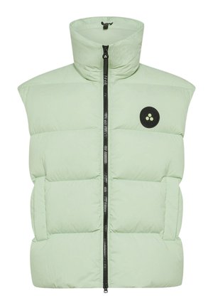 Lichtgroene gewatteerde bodywarmer met een hoge kraag, ritssluiting aan de voorkant en een zwart cirkelvormig logo. Heeft een doorgestikte textuur en oversized armopeningen.