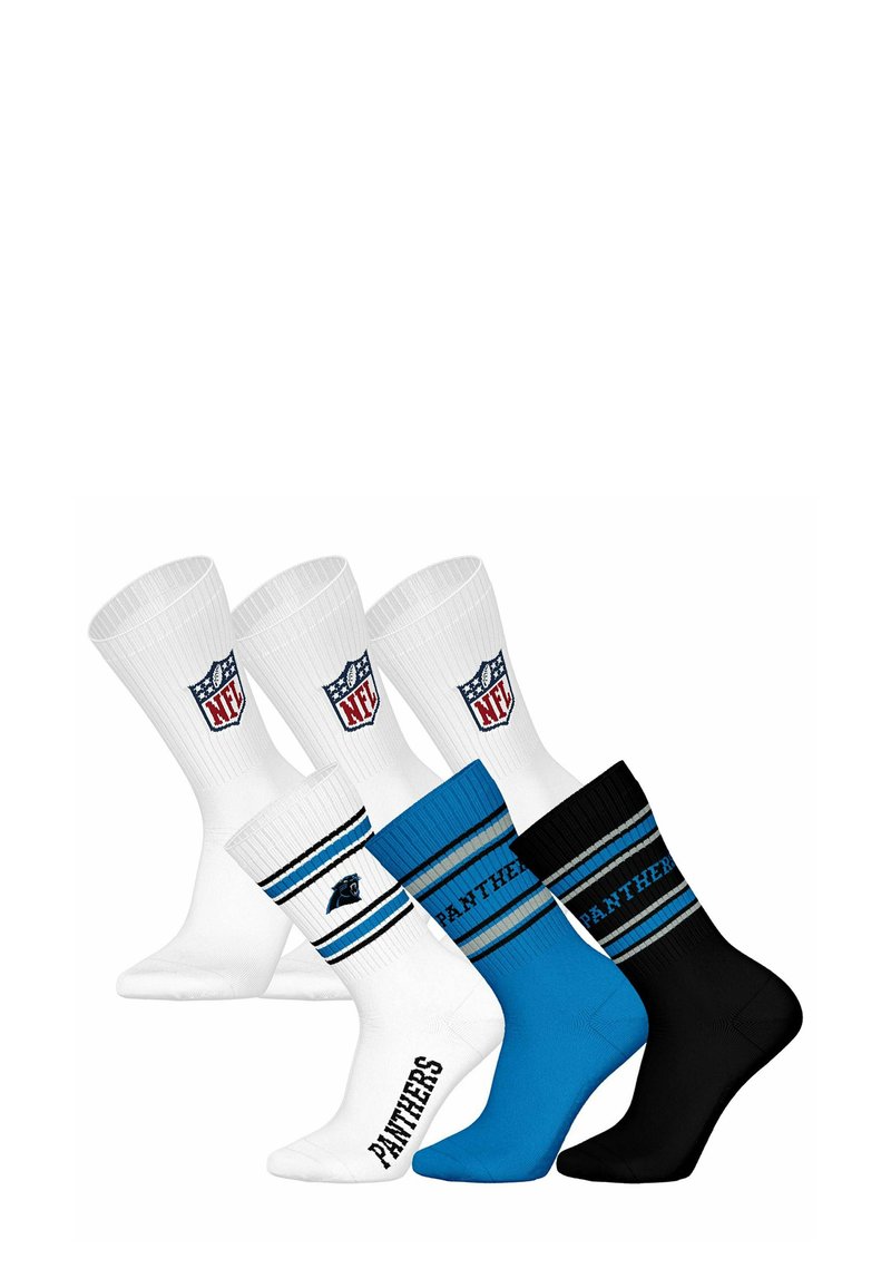 Quattro paia di calze: bianche con logo NFL, bianche con righe blu e "PANTHERS", blu e nere con righe blu e "PANTHERS". Misto cotone.