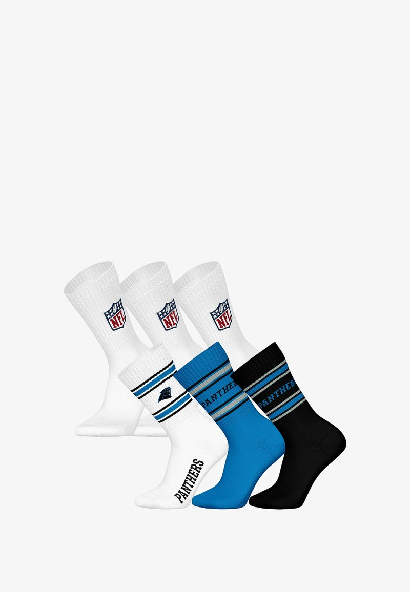 Cuatro pares de calcetines: blancos con el logo de la NFL, blancos con rayas azules y "PANTHERS", azules y negros con rayas azules y "PANTHERS". Mezcla de algodón.