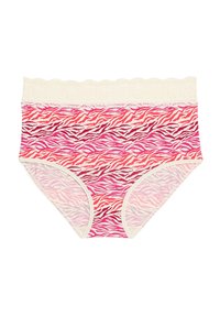 Hooggesneden ondergoed in crème met een roze en oranje zebra-print, voorzien van een gegolfde kantband en een gladde textuur.