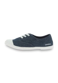 Sneaker in tela di colore blu scuro con punta e suola in gomma bianca. Presenta lacci bianchi e logo del marchio sul lato. Texture liscia in tutta la scarpa.