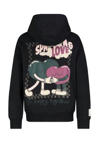 Schwarzer Kapuzenpullover mit einem grafischen Design von zwei stilisierten Herzen, die sich umarmen, mit dem Text "Liebe verbreiten" und "Gemeinsam glücklich sein" in sanften Farben.