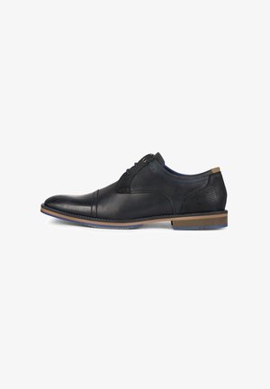 Scarpa da cerimonia nera in pelle con punta rotonda, dettagli in suede grigio, cuciture blu e suola marrone. Caratterizzata da una texture liscia e un design classico.