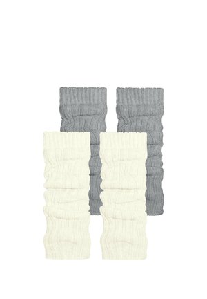 Four knitted arm warmers in two colors: two gray and two white. Features ribbed texture and a foldover cuff design.
