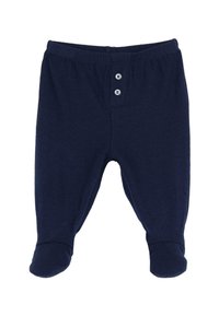 Pantalons bébé en coton bleu marine avec design à pieds, taille élastique et fermeture à trois boutons à l'avant. Texture douce et lisse.