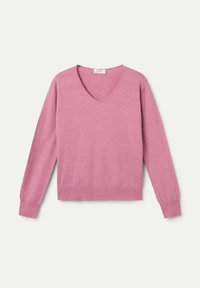 Suéter rosa de cuello en V con mangas largas, puños y dobladillo acanalados. Fabricado en una suave tela de punto, presenta una textura lisa y un corte relajado.