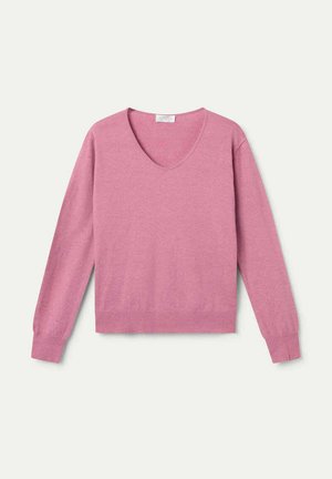 Suéter rosa de cuello en V con mangas largas, puños y dobladillo acanalados. Fabricado en una suave tela de punto, presenta una textura lisa y un corte relajado.