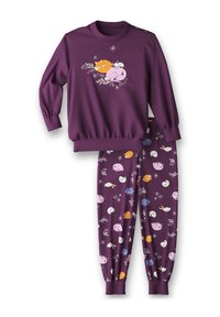 Paarse katoenen sweatshirt met elastische manchetten en een speelse dierenontwerp. Bijpassende paarse broek heeft onverwachte dierenpatronen en een elastische taille.