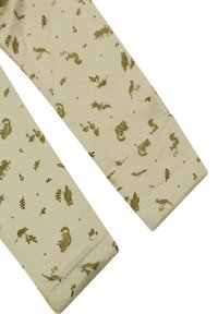 Beige Baumwollleggings mit einem verstreuten Druck von Waldtieren und Blättern in Olivgrün. Mit elastischen Bündchen und Flachnähte.