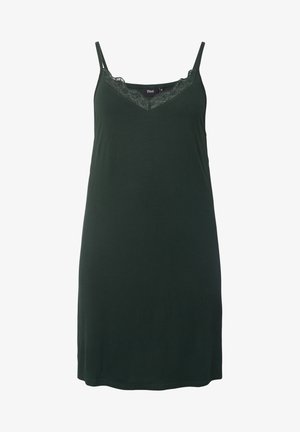 Tumši zaļš bez piedurknēm naktskreklis ar V veida izgriezumu, kuram ir smalka mežģīņu apdare gar izgriezumu un maiga, gluda tekstūra.