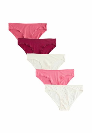 Vijf paar damesonderbroeken in verschillende kleuren: donkerroze, bordeaux, wit, lichtroze en een witte met roze stippen. Katoenen materiaal.