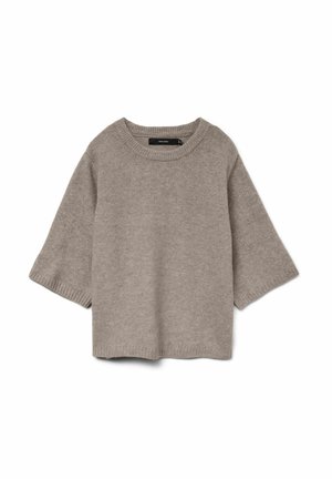 Pull gris en maille à manches courtes avec un col rond et des bords-côtes aux poignets et à l'ourlet, posé à plat sur un fond blanc.