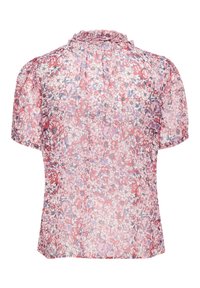 Blusa a maniche corte in tessuto rosa trasparente con un motivo floreale nei toni del rosso e del blu. Presenta un colletto arricciato e maniche leggermente a sbuffo.