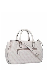 Sac à main rose clair avec un motif monogrammé en relief, deux poignées et une bandoulière amovible. Il comporte une poche zippée à l'avant et des accents en cuir.