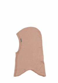 Stickad balaclava i en mjuk persikofärg, med en slät textur och rundad topp. Inkluderar en sydd etikett på sidan.