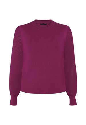 Pull violet à manches longues avec manches en tricot texturé, poignets et col côtelés, et taille ajustée.