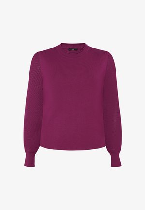 Pull violet à manches longues avec manches en tricot texturé, poignets et col côtelés, et taille ajustée.